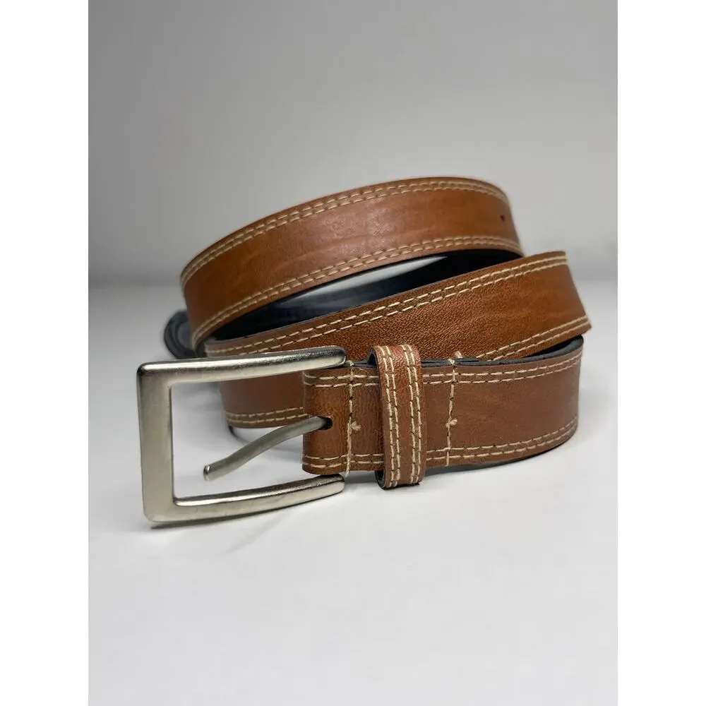 Vintage Women’s Brown Faux Leather Belt, Silver Buckle, Contrast Stitching 41.5”